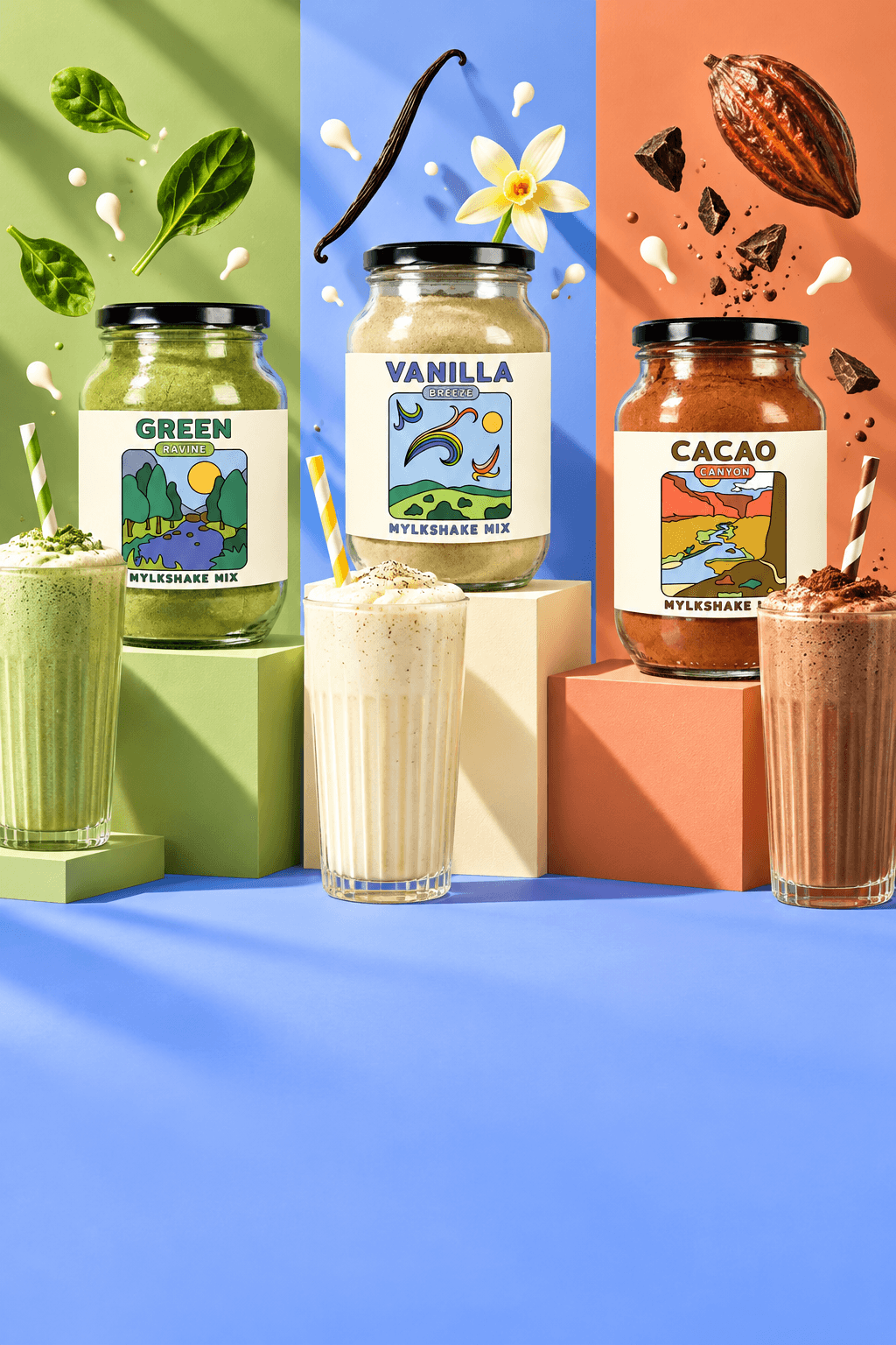 Alchemy Hub Mylkshake Mix jars in Green Ravine, Vanilla Breeze and Cacao Canyon beside three frothy shakes.