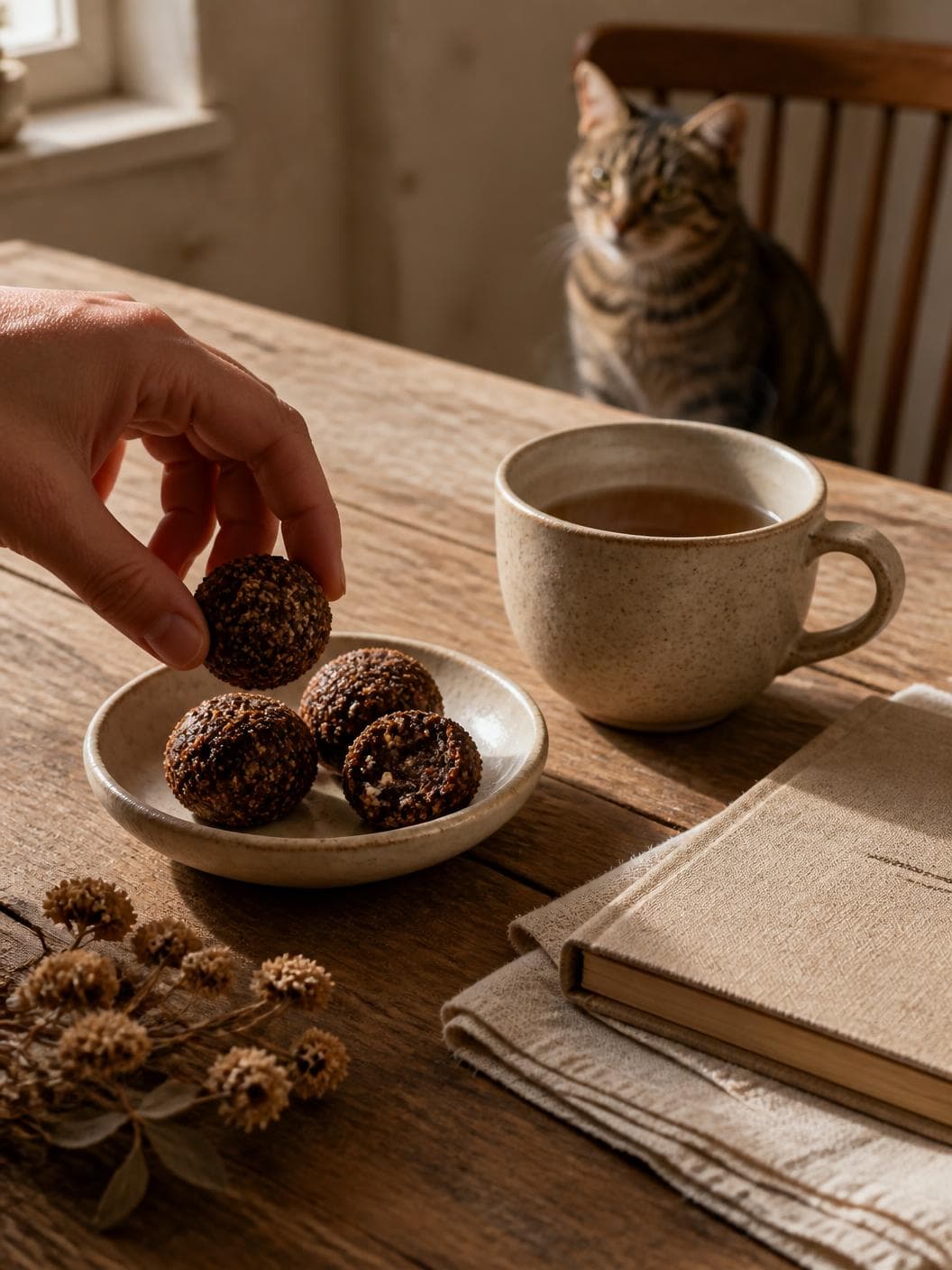 A worn timber kitchen table: a hand entering from the left lifting one dark studded ball above a shallow cream plate holding three more, a stoneware mug of tea beside it, a clothbound notebook on a folded linen napkin at the right, dried flower heads on the wood at the lower left, and a tabby cat sitting on a spindle-back chair in the shadow behind.
