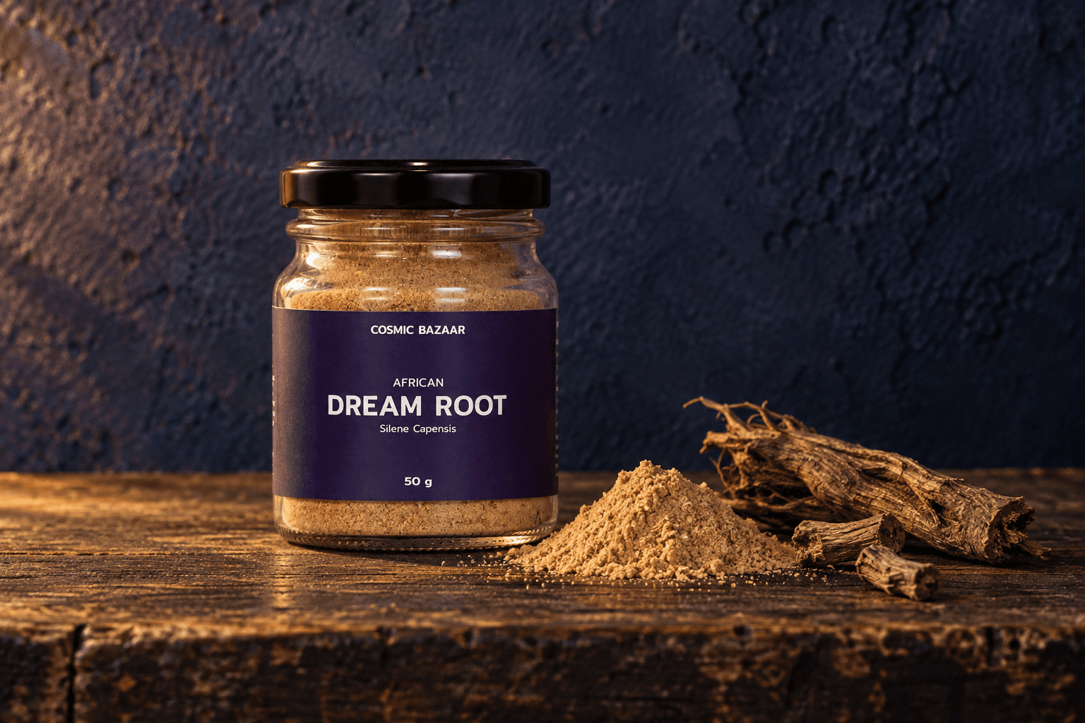 Silene capensis Dream Root jar on dark timber beside tan root powder and dried root pieces.